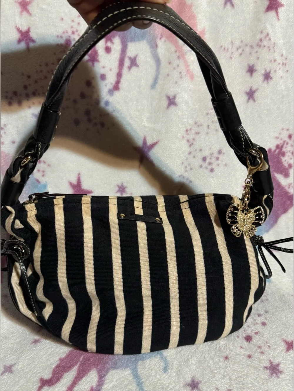 Kate Spade Vintage Black and Cream Striped Hobo Shoulder Bag